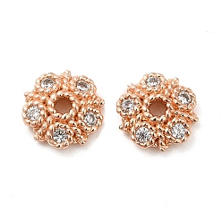 Rose Gold Rack Plating Brass Cubic Zirconia Bead Cap, Long-Lasting Plated, Lead Free & Cadmium Free, Flower, Rose Gold, 8x8x2.5mm, Hole: 1.6mm