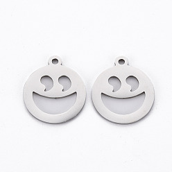 Stainless Steel Color Non-Tarnish 201 Stainless Steel Pendants, Cut, Flat Round with Expression, Stainless Steel Color, 17.5x15x1mm, Hole: 1.5mm