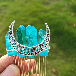 Голубой Гальванизированные гребни для волос из натурального кварцевого кристалла, аксессуары для волос для женщин и девочек, луна, голубой, 58x38 мм