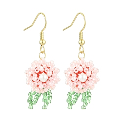 Pink Болтающие серьги из стекла, с бусинами из ракушечного жемчуга и 304 крючками для сережек из нержавеющей стали, цветок, розовые, 45~46x16 мм