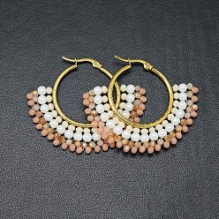 Льняное Полотно Серьги из 304 нержавеющей стали, серьги-кольца с бусинами, со стеклянными бусинами, вентилятор, золотые, белье, 40.5~42x48~48.5x4 мм