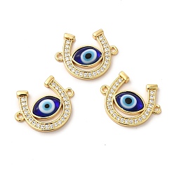 Blue Rack Plating Real 18K Gold Plated Brass Micro Pave Clear Cubic Zirconia Connector Charms, Horseshoe Links, with Handmade Evil Eye Lampwork, Cadmium Free & Lead Free, Long-Lasting, Blue, 18.5x23x4mm, Hole: 1.5mm