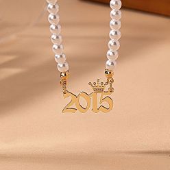 Number Женские ожерелья из круглого белого бисера с имитацией жемчуга и подвеской в виде короны в виде года рождения, золотые, число 2015, 14.96 дюйм (38 см)