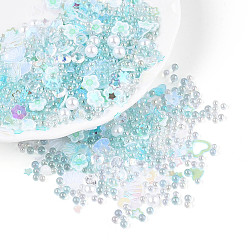 Бледно-бирюзовый Ручной полимерной глины кабошонов, с пластиковыми пайетками и искусственным жемчугом из АБС и акриловыми стразами, разнообразные, бледные бирюзовая, 1.5~10x1.5~9x0.2~4 мм, отверстие : 1~1.2 мм