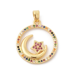 Разноцветный Латунные микро проложить кубического циркония подвески, прелести полумесяца, красочный, 22.5x20x2.5 мм, отверстие : 2.5x5 мм