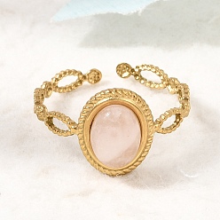 Rose Quartz 304 Stainless Steel Cuff Open Rings for Women, Oval, with Natural Rose Quartz, Ion Plating(IP), Golden, 11.5mm, Inner Diameter: 17mm