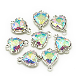Прозрачный АВ Соединители звеньев сплава стекла, сердце, платина, ясно AB, 19~20x14~15x6 мм, отверстие : 2 мм