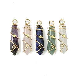 Золотой Подвески из натурального смешанного камня, Подвески-звезды в ограненной пуле из медной проволоки, золотые, 36.5~38.5x9~10x10~11 мм, отверстие : 4 мм