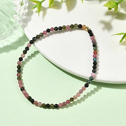 Tourmaline 3MM Natural Multicolor Tourmaline Round Beaded Stretch Bracelets with Golden Tone Brass Beads, Inner Diameter: 2.13 inch(5.4cm)