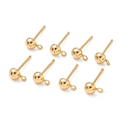 Real 18K Gold Plated SHEGRACE Brass Stud Earring Findings, Half Round, with Loop, Cadmium Free & Nickel Free & Lead Free, Long-Lasting Plated, Real 18K Gold Plated, 6.5x4mm, Hole: 1mm, Pin: 0.9mm