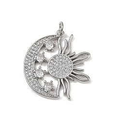 Платина Латунные микро проложить кубического циркония подвески, без кадмия и без свинца, луна с солнцем, с целью перехода в кольце, платина, 25.5x24.5x3 мм, отверстие : 3.2 мм