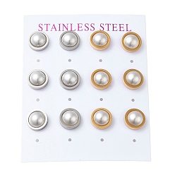 Golden & Stainless Steel Color PVD Vacuum Plating 304 Stainless Steel Stud Earring, with Plastic Imitation Pearl, Flat Round, Golden & Stainless Steel Color, 10mm, 12pcs/set