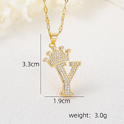 Letter Y Хип-хоп латунные микропаве кубические цирконии корона инициал подвеска ожерелья, 304 ожерелья из нержавеющей стали с цепочкой для женщин, золотые, Письмо Y, 15.75 дюйм (40 см)
