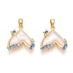 Морская Ракушка Подвески из латуни с микропаве из кубических цирконий и ракушек, рыбий хвост, реальный 18 k позолоченный, цвет морской раковины, 17x16.5x5 мм, отверстие : 4x2.5 мм