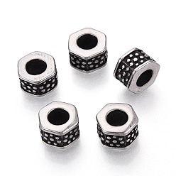 Античное Серебро 304 бусины европейского стиля из нержавеющей стали с крупными отверстиями, шестиугольник, античное серебро, 9.5x9.5x6 мм, отверстие : 5 мм