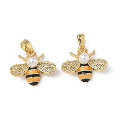 Оранжевый Латунные микро проложить кубического циркония подвески, с эмалью и бусинами из искусственного жемчуга, прелести пчел, реальный 18 k позолоченный, оранжевые, 15x18x7 мм, отверстие : 4x2.5 мм
