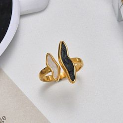 Black 304 Stainless Steel Open Cuff Rings, Wave, with Enamel, Golden, Black, Inner Diameter: 17.4mm