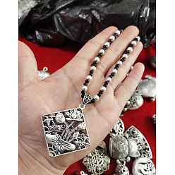 Rhombus Этнический стиль сплав подвеска пластик имитация жемчуга бусины ожерелья, античное серебро, черно-белые, ромб с цветком, 29.92 дюйм (76 см)