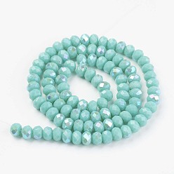 Turquoise Electroplate Opaque Solid Color Glass Beads Strands, Half Rainbow Plated, Faceted, Rondelle, Turquoise, 8x6mm, Hole: 1mm, about 65~68pcs/strand, 15.7~16.1 inch(40~41cm)