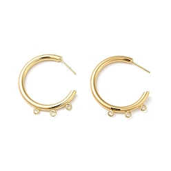 Real 18K Gold Plated Ring Brass Stud Earring Findings, Cadmium Free & Nickel Free & Lead Free, Half Hoop Earring Finding with Loops, Real 18K Gold Plated, 30x33x3mm, Hole: 1.8mm, Pin: 10x0.8mm