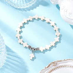 Белый Браслеты с подвесками из синтетической бирюзы и крестиками, эластичные браслеты для мужчин и женщин, со сплавочной фурнитурой, белые, внутренний диаметр: 2-1/4~2-3/8 дюйм (5.8~6 см)