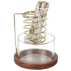 Coconut Brown Glass & Zinc Alloy & Walnut Wood Incense Burner Holder, Home Office Teahouse Zen Buddhist Supplies, Coconut Brown, 94.5x110mm