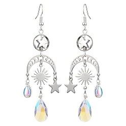 Нержавеющая Сталь Цвет Серьги-люстры из латуни и нержавеющей стали с луной, звездами и каплями, серьги-капли из стекла, цвет нержавеющей стали, 304 мм