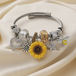Платина Латунные браслеты-манжеты с подсолнухами, сердцами и пчелами, Браслеты из европейских бусин из сплава, смолы и хрустальных страз для женщин, платина, внутренний диаметр: 2-1/8 дюйм (5.5 см)