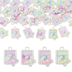 Mixed Color 32Pcs 4 Colors Alloy Enamel Pendants, with ABS Imitation Pearl, Rectangle with Butterfly Charm, Silver, Mixed Color, 21x15.5x5mm, Hole: 2mm, 8pcs/color