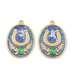 Королевский синий 304 нержавеющей стальной эмали подвески, овал с цветком и подковой, реальный 18 k позолоченный, вакуумное покрытие pvd, королевский синий, 28x20.5x2.5 мм, отверстие : 1.8 мм