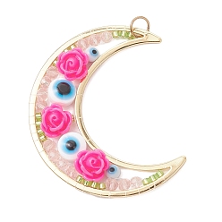 Светло-Вишневый Подвески латуни cmолы, луна с розой и дурным глазом, с 304 кольцами из нержавеющей стали и лампворком, светло-вишневый, 49x44x7 мм, отверстие : 5 мм