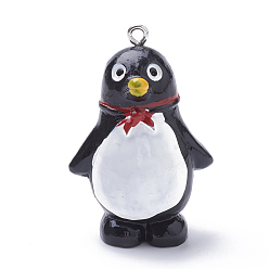 Black Resin Pendants, with Platinum Tone Iron Findings, Penguin, Black, 39x26.5x21.5mm, Hole: 2mm