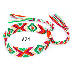 Lime Green Cotton Braided Rhombus Pattern Cord Bracelet, Ethnic Tribal Adjustable Brazilian Bracelet for Women, Lime Green, 5-7/8~14-1/8 inch(15~36cm)