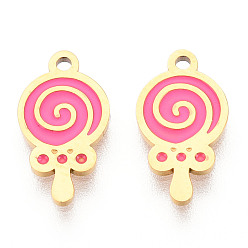 Ярко-Розовый 304 из нержавеющей стали шармы эмали, леденец очарование, ионное покрытие (ip), реальный 14 k позолоченный, ярко-розовый, 13x7x0.9 мм, отверстие : 1 мм