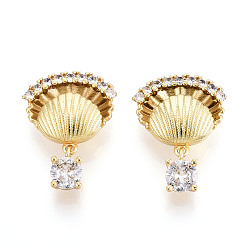 Настоящее золото 18K Латунные микро проложить кубического циркония подвески, без кадмия, без никеля и без свинца, формы раковины, реальный 18 k позолоченный, 24x18x7.5 мм, отверстие : 2.5x1~1.2 мм