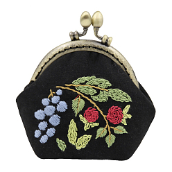 Black DIY Plants Pattern Kiss Lock Coin Purse Embroidery Kit, Including Embroidered Fabric, Embroidery Needles & Thread, Metal Purse Handle, Plastic Embroidery Hoop, Black, 85mm