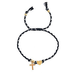 Черный 304 Браслеты из нержавеющей стали в форме сердца и религиозного креста для пары, регулируемые браслеты для него и для нее, золотые, чёрные, 11.02 дюйм (28 см)