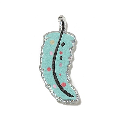 Medium Turquoise Acrylic Pendants, with Glitter Powder, Feather, Medium Turquoise, 55x26x2mm, Hole: 1.8mm