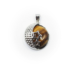 Тигровый глаз Природных тигровый глаз подвески, луна со звездными чарами, с фурнитурой сплавочной платины тон, 31x22 мм