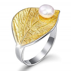 Platino & Oro Anillos de aleación y perlas de plástico, hoja, platino y oro, diámetro interior: 15~20 mm