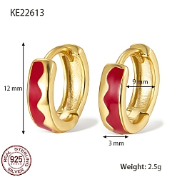 FireBrick 925 Sterling Silver Thick Hoop Earrings, with Enamel, for Women, Real 18K Gold Plated, FireBrick, 12x3mm