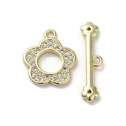 Golden Brass Micro Pave Cubic Zirconia Toggle Clasps, Long-Lasting Plated, Flower, Cadmium Free & Nickel Free & Lead Free, Golden, 14x12x1.5mm, Hole: 1.2mm