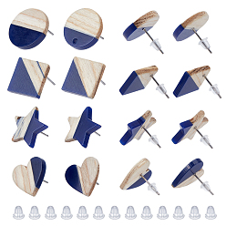 Dark Blue 8 Pair 4 Style Resin & Wood Stud Earrings Set, with 304 Stainless Steel Pin, Mix Shaped, Dark Blue, 15~17x14~18mm, Pin: 0.7mm, 2Pair/style