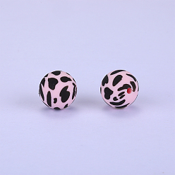 Pink Printed Round with Leopard Print Pattern Silicone Focal Beads, Pink, 15x15mm, Hole: 2mm