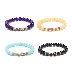 Mixed Stone 4Pcs 4 Style Natural Mixed Gemstone & Glass Cube Beaded Stretch Bracelets Set for Women, Inner Diameter: 2 inch(5cm), 1Pc/style
