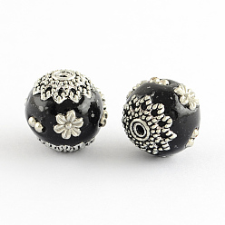 Black Round Handmade Indonesia Beads, with Antique Silver Metal Color Alloy Cores, Black, 13~14x14~16mm, Hole: 1~1.5mm