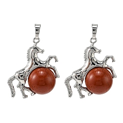 Красный Камень Природные красной яшмы подвески, латунная лошадь с подвесками в виде шариков из драгоценных камней, стойки покрытие, платина, 33x35x16 мм, отверстие : 5x8 мм