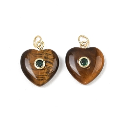 Œil De Tigre Pendentifs en oeil de tigre naturelles, breloques en forme de cœur avec sertissage pavé en laiton et zircone cubique, réel 18 k plaqué or, sans cadmium et sans plomb, crémaillère plaquage, plaqué longue durée, 18~18.5x15x6~7mm, Trou: 3mm