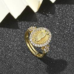 Oval Кольца на палец с прозрачным кубическим цирконием на тему Девы Марии, украшения из латуни для женщин, долговечный, стойки покрытие, без свинца и без кадмия, реальный 18 k позолоченный, овальные, 15 мм, внутренний диаметр: 16 мм