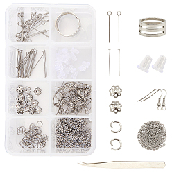 Stainless Steel Color SUNNYCLUE DIY Earring Making Kits, with 304 Stainless Steel Cable Chains & Bead Caps & Earring Hooks, Iron Tweezers and Brass Wide Band Ring Components, Stainless Steel Color, 3x2x0.5mm